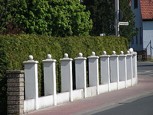 Straße mit einem Zaun und einer Hecke