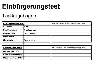 Tabelle persönliche Angaben beim Einbürgerungstest